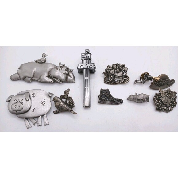 10 Pewter Brooches JJ Hippo, Pig + 4 BIRDS & BLOOMS Limited Edition Lapel Pins - Picture 1 of 14